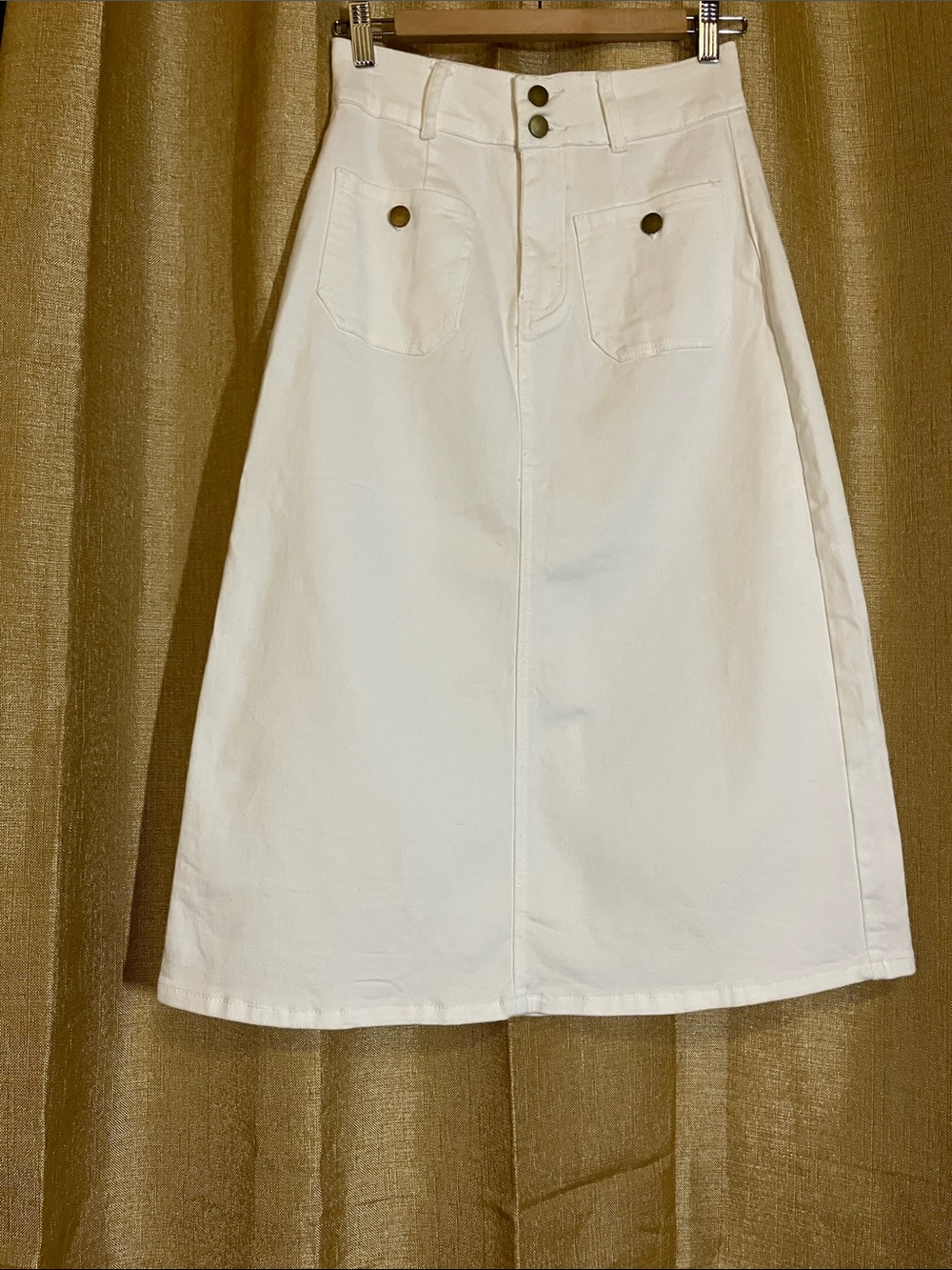 Crisp White A-Line Midi Skirt with Front Patch Pockets